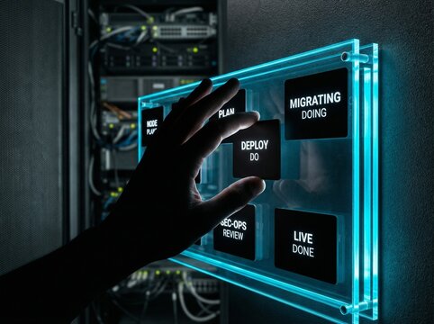 Hand Interacting with Futuristic Glowing Transparent Screen Displaying IT Operations and Data Migration Phases in a Secure Server Room Environment