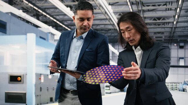 Multiethnic management executives use device to examine semiconductor substrate in cleanroom. Teamworking colleagues verify optical photolithography patterns on silicon wafers with tablet, camera B