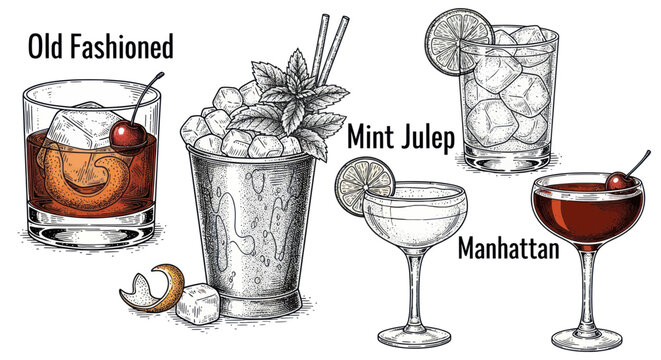 Classic Cocktail Illustrations: Old Fashioned, Mint Julep, Manhattan, Gin Tonic