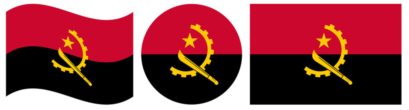 Flags of Angola isolated collection. Waving flag of Angola isolated. Round flag of Angola isolated in circle shape.
