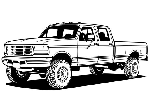 Classic Retro Crew Cab Pickup Truck Line Art - Vintage 4x4 Lifted Custom Work Truck Illustration Vector