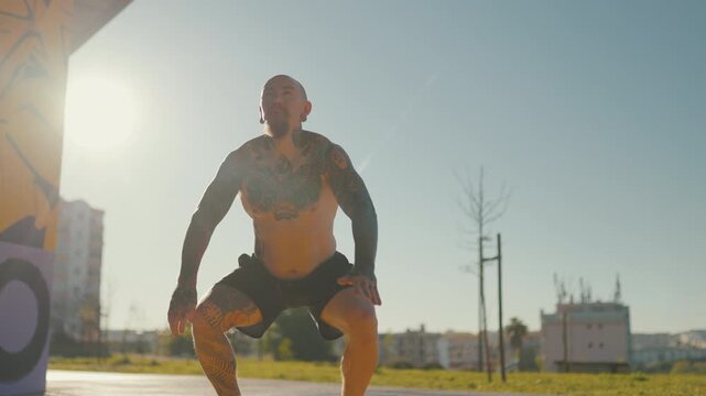 Tattooed athlete performing squat jumps outdoors