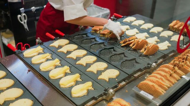 Tokyo, Japan - Oct 14 2024, 4k, close-up view of wide cast-iron frying pan with molds used to fry traditional Japanese fish-shaped treats called taiyaki at Tokyo street cafe, without people, Tokyo, Ja