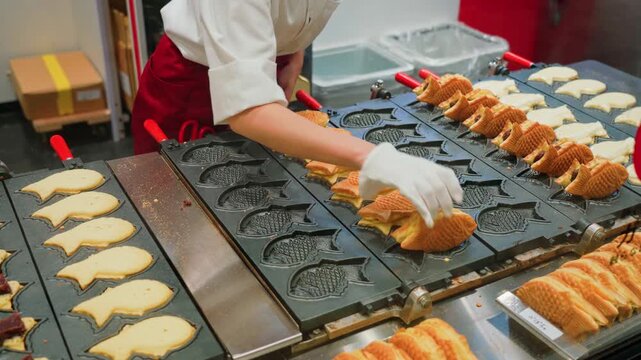 Tokyo, Japan - Oct 14 2024, 4k, close-up view of wide cast-iron frying pan with molds used to fry traditional Japanese fish-shaped treats called taiyaki at Tokyo street cafe, without people, Tokyo, Ja