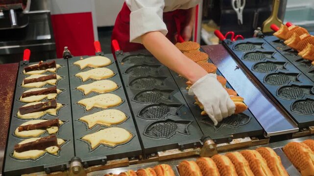 Tokyo, Japan - Oct 14 2024, 4k, close-up view of wide cast-iron frying pan with molds used to fry traditional Japanese fish-shaped treats called taiyaki at Tokyo street cafe, without people, Tokyo, Ja