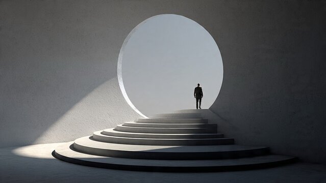 Business man standing in front of a giant circular glowing portal representing new opportunities and future success, minimalist surreal architecture.