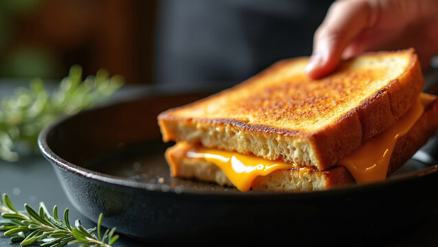 Chef flips golden brown cheese sandwich in cast iron pan with melted cheese. Crispy bread toasted to perfection. Rosemary herb garnish adds fresh aroma. Quick delicious comfort food.
