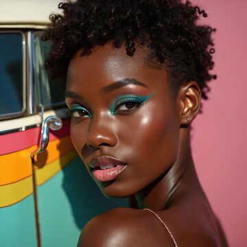 Model with colorful makeup and short hair poses near retro van. She has dark skin and bright blue eyeliner with pink lips. Her look is confident and stylish.