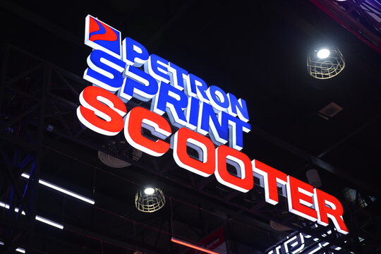 Petron sprint scooter booth sign at the 20th Inside Racing Bike Fest in Pasay, Philippines