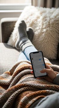A person relaxing on a cozy couch, covered by a blanket, while using a smartphone.