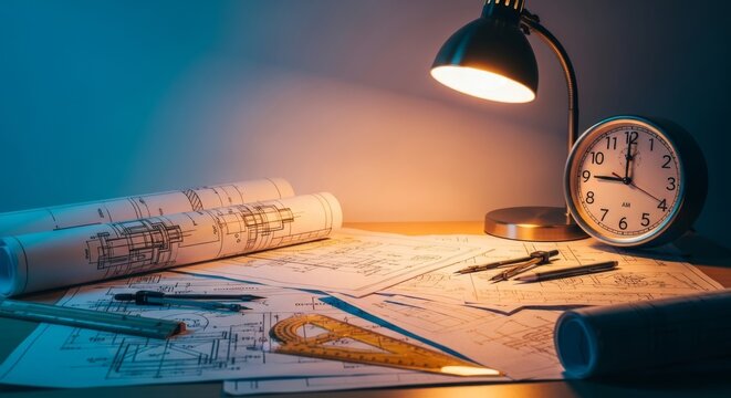 Drafting papers and mechanical schematics rest on a table beside a glowing lamp and clock, capturing the essence of late night productivity, coffee, interior, paper