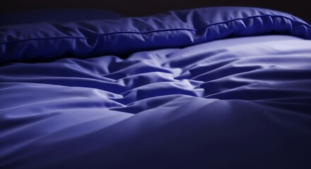 Fototapeta premium Gentle movement ripples beneath a thick duvet in a dimly lit bedroom, illustrating mindful deep breathing techniques to overcome sleeplessness, darkness, indoor, breathing