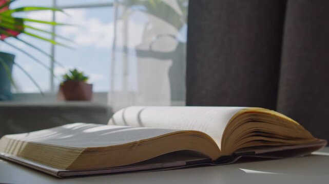 open book rests on a small table beside a sunlit window. Soft breeze gently flips the pages as golden sunlight illuminates the scene, calm and dreamy mood.