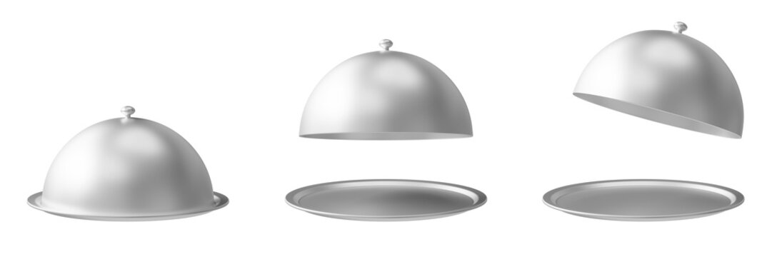 3D illustration of stainless steel restaurant cloche with serving plate and lid shown open and closed. Food cover dome for keeping meals warm, catering and fine dining concept isolated on transparent 