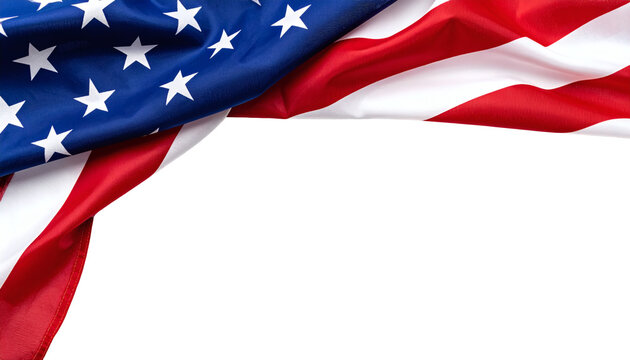 Waving fabric texture of the american flag stars and stripes design filling the upper corner space on transparent background with copy space below