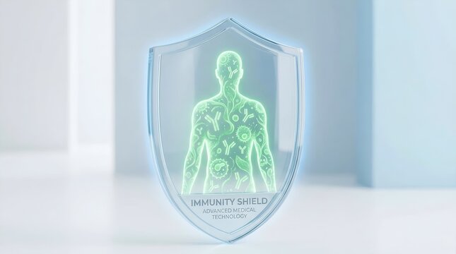 Close-up of a digital immunity shield protecting a human body outline, depicting internal biological defense.