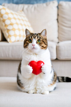 ハートのオブジェを手に持つ猫 | A cat holding a heart-shaped object Generative AI