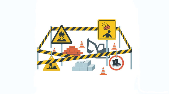 Construction Site Safety Signs and Equipment Vector Illustration - Under Construction Concept for Industrial and Web Design