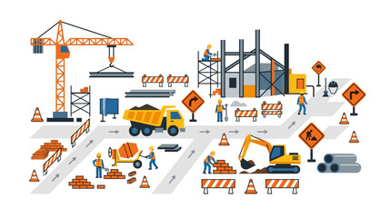 Fototapeta premium Flat vector illustration of a busy construction site with workers, cranes, excavators, dump trucks, and various building equipment on a white background.