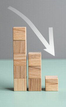 Wooden blocks show declining trend symbolizing decreasing values or