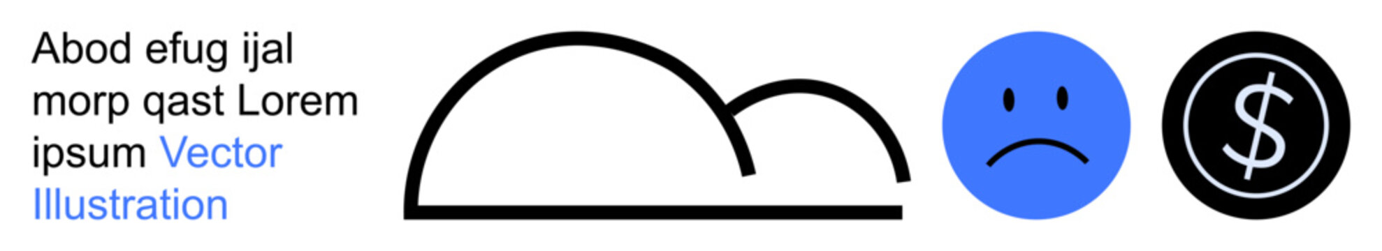 Finance, emotions, weather, economics, mood analysis, symbols. A frowning face, dollar sign and cloud shape on white. Finance and emotions and their conceptual relationships