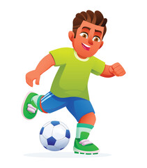 Obraz premium Young football player dribbling ball with speed and focus. Vector cartoon character illustration