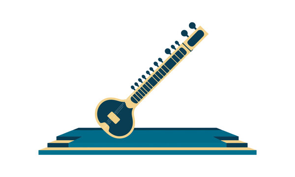 Minimalist Flat Design Illustration of an Indian Sitar on a Stage