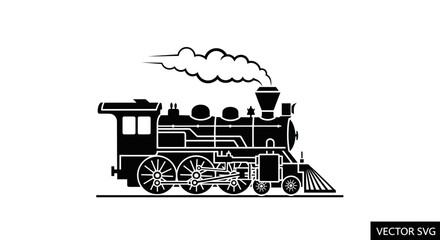 Vintage Steam Locomotive, Classic Train Silhouette, Black and White Vector Art © nia