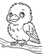 Fototapeta premium Young Bird on a Branch: This illustration captures a sweet young bird perched upon a branch, featuring its fluffy feathers and innocent gaze.