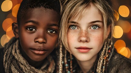 Obraz premium Close up studio portrait of an African American child with a Caucasian child gazing thoughtfully at the camera with warm bokeh background.