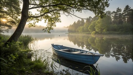 Obraz premium Colorful blue boat sailing on a calm lake