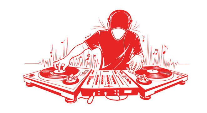DJ playing music with turntables and headphones, red graphic illustration
