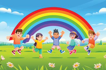 Fototapeta premium Cheerful group of students playing and jumping under colorful rainbow in park. Vector cartoon illustration