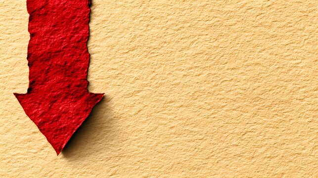 A textured red paper arrow points downward against a beige surface, suggesting decline or loss in a visually compelling composition showing drop.