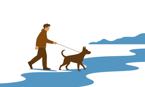 Man Walking a Dog on Leash Near Water Flat Vector Illustration