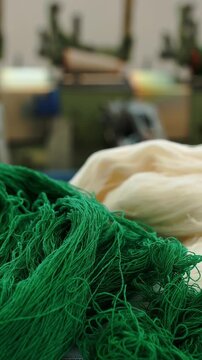 Threads production, yarn making, spinning, textile factory equipment, skein of wool or cotton