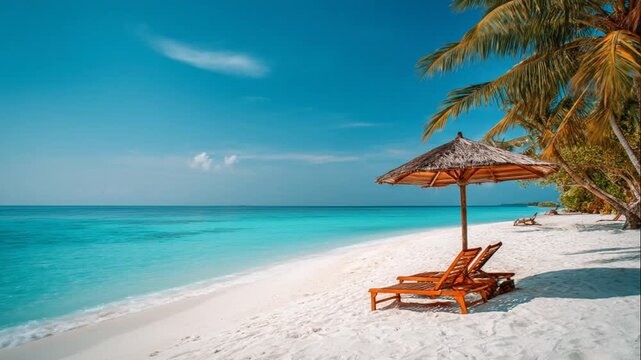 Idyllic tropical beach with sparkling turquoise ocean, white sandy shore, swaying palm trees, sun umbrella, and lounge chairs.