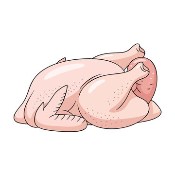 A cartoon depiction of a whole, raw, uncooked chicken with its wings and legs tucked in
