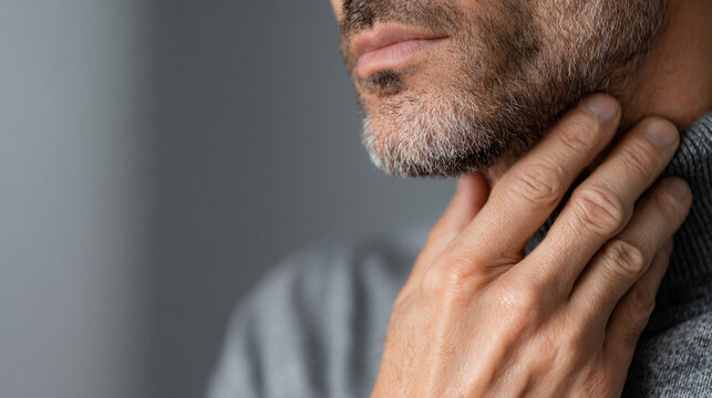 Close-up of a Man Touching His Sore Throat and Feeling Pain