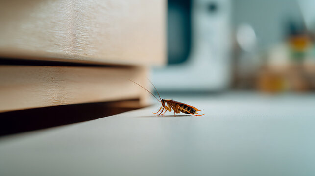 Macro shot of a cockroach crawling on a kitchen countertop, indicating a pest infestation