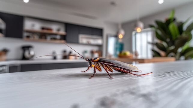 Close-up of a large cockroach on a modern white kitchen countertop, hygiene and pest control concept 