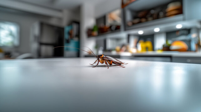 Close-up of large cockroach on modern white kitchen countertop, hygiene and pest control concept