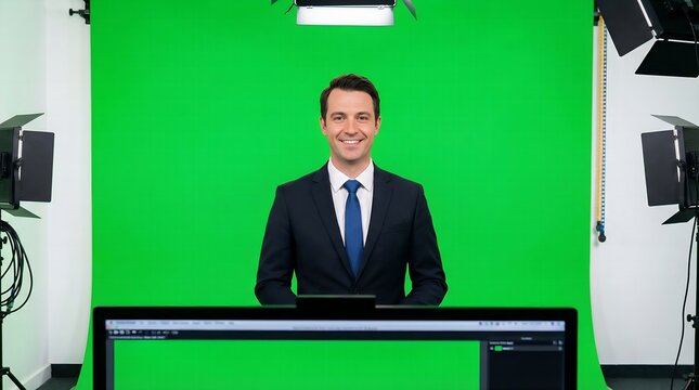 Smiling male news anchor posing behind desk in front of a green screen, surrounded by studio lights, ready for a professional broadcast or presentation.