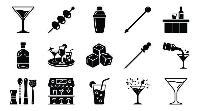 A collection of 15 black and white icons representing various bar and cocktail-related items and activities, including glassware, tools, and a bar counter.