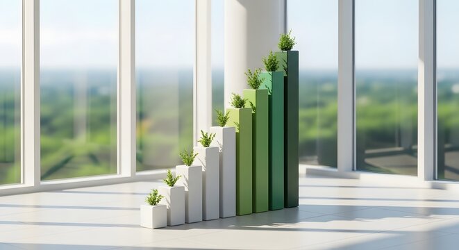 A bar graph made of white and green blocks with small plants on top, symbolizing sustainable growth and environmental progress in a modern office setting.