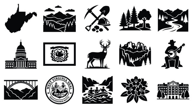 Collection of West Virginia state symbols and landmarks, including state outline, capitol building, flag, deer, mountains, and natural scenery.