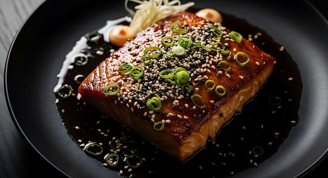 Gourmet grilled salmon fillet topped with sesame seeds and fresh scallions on a dark plate. ryba danie