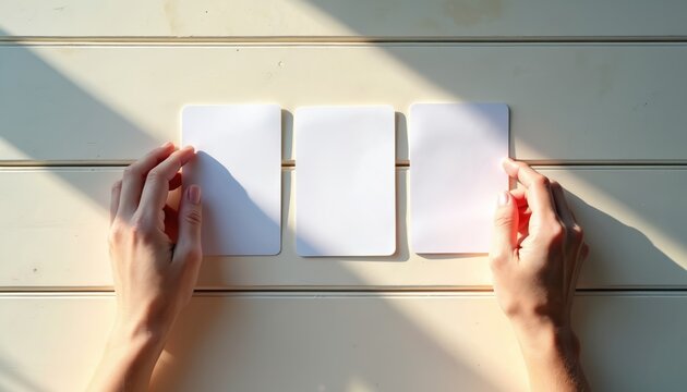 Hands hold three blank white cards on a light wood desk. Natural sun shadows create a minimal aesthetic. Perfect for personal messages affirmations or decision making.