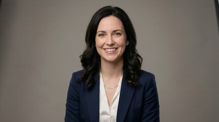 Obraz premium Middle aged businesswoman with dark wavy hair wearing navy blue jacket and white top smiling warmly for professional studio headshot on gray background representing corporate identity and excellence.