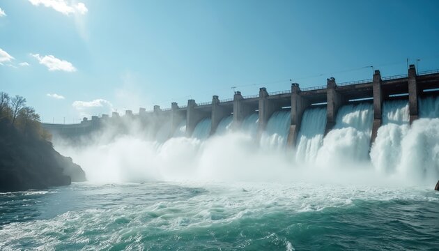 Massive concrete dam spills abundant water creating large turbulent foam cascades. Water flows intensely from multiple floodgates into river below. Blue sky and sun shine bright.